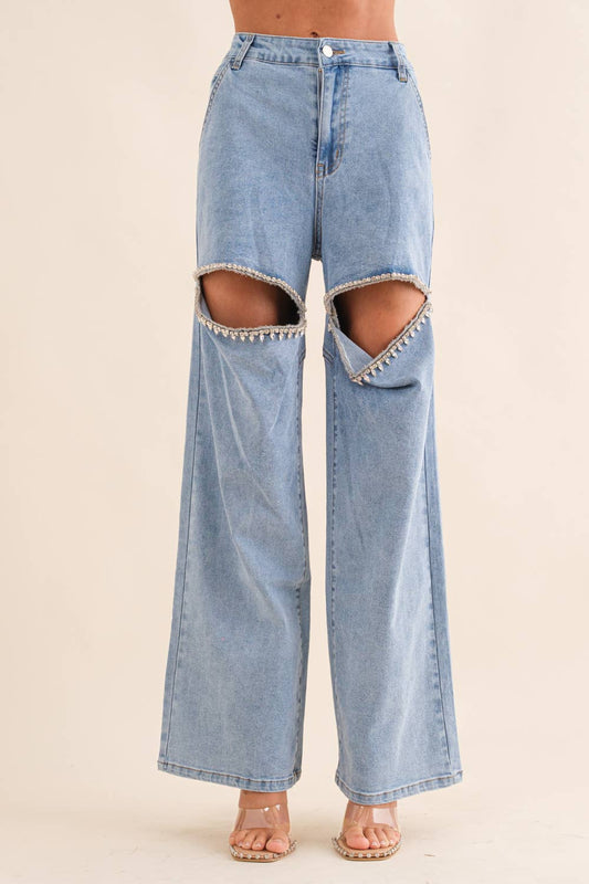 Cut Out Front Rhinestone Washed Denim Jeans
