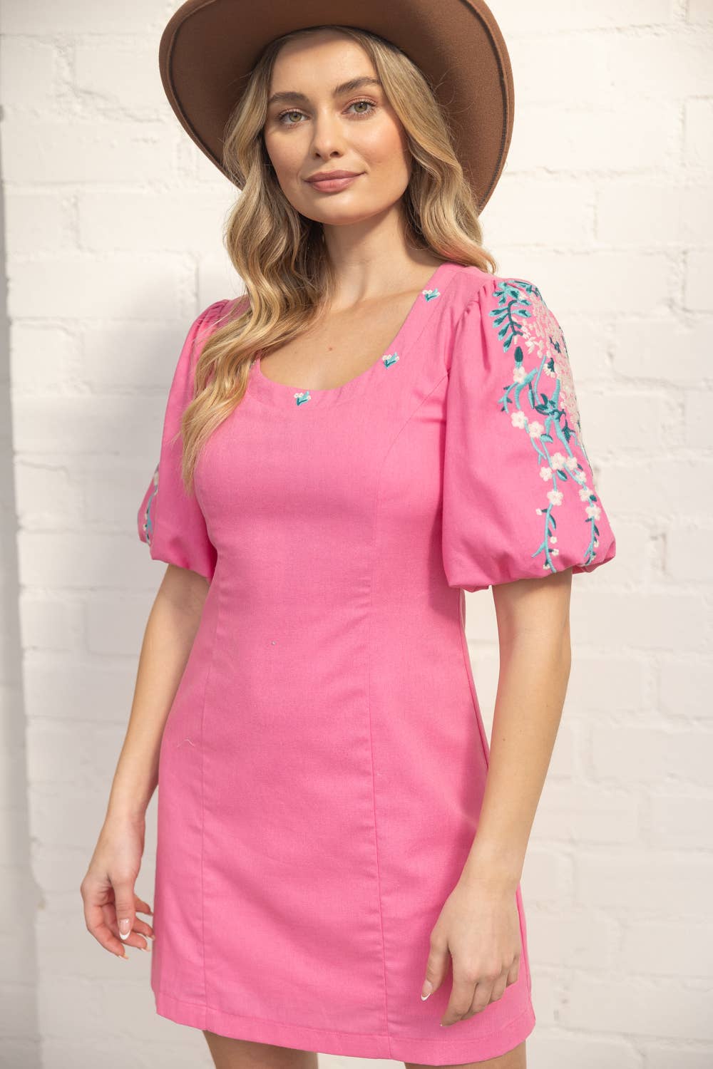 Floral Embroidered Bubble Sleeve Mini Dress