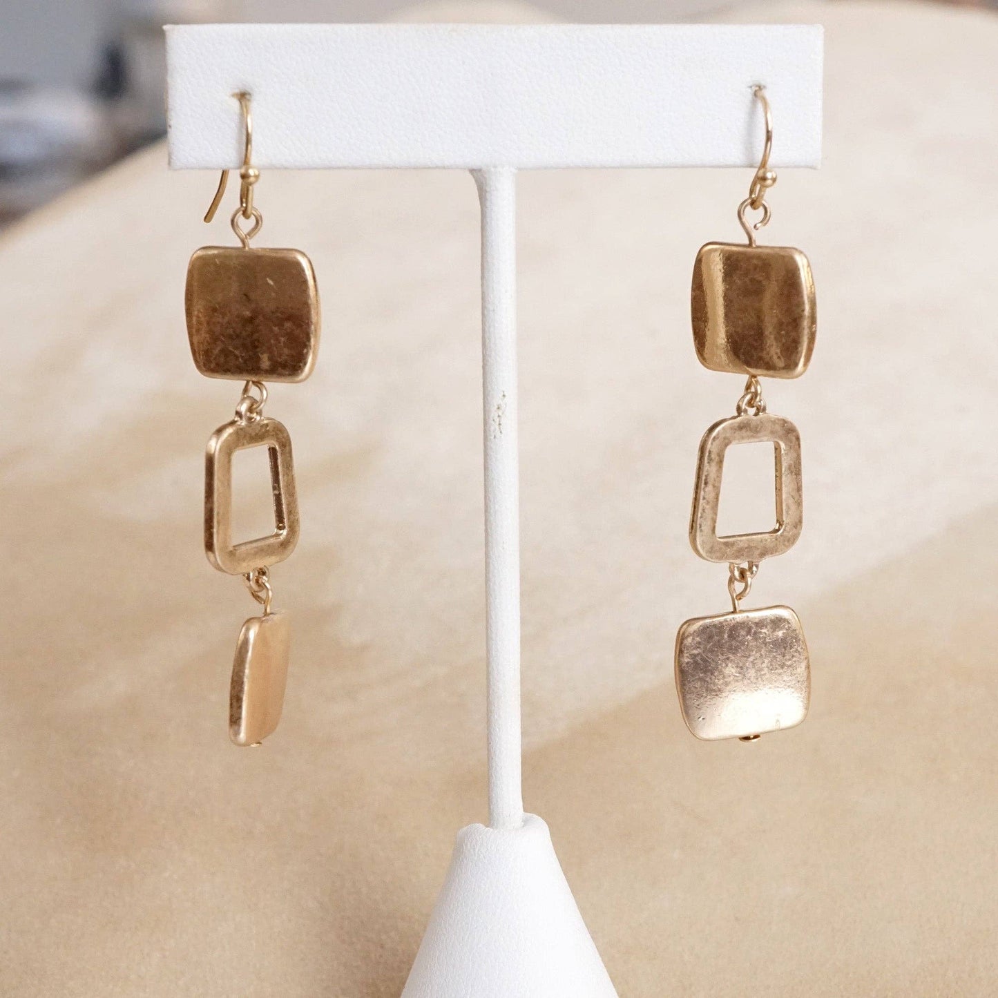 Boho Square Dangle worn gold Earrings