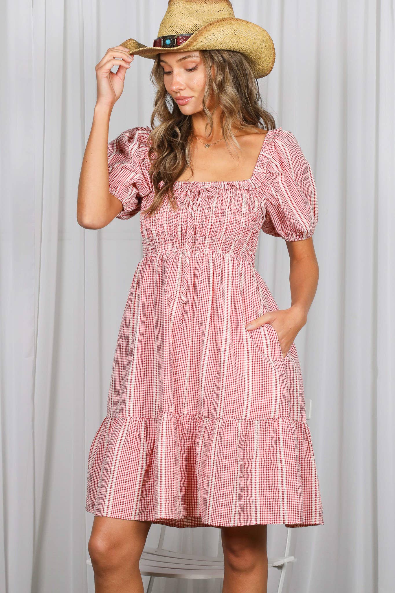 Gingham Short Puff Sleeve Ruffled Tiered Knee Dress