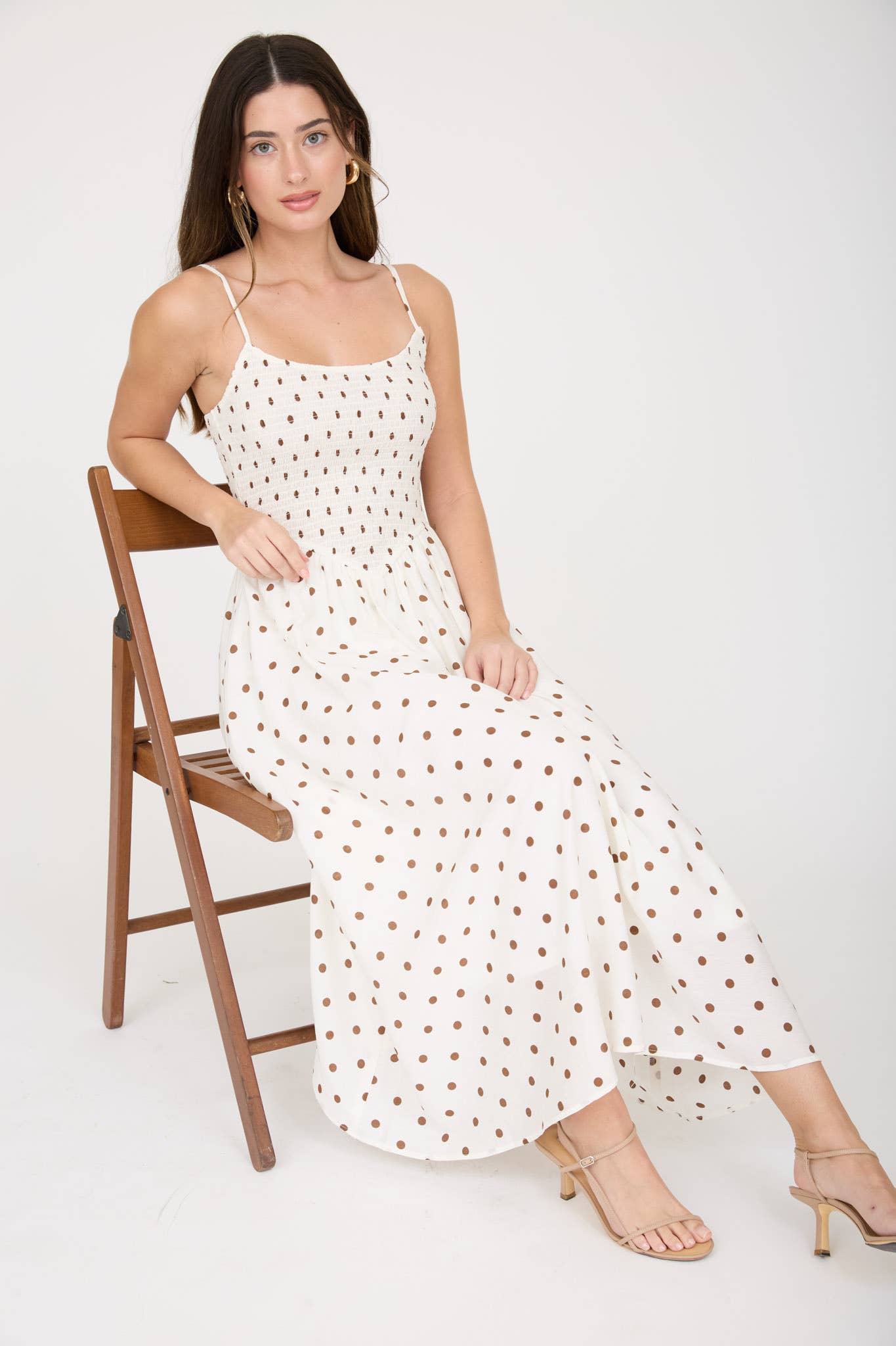 Polka Dot Smocked Basque Waist Midi Dress