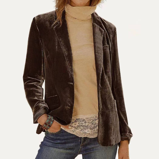Classic Solid Velvet  Long Sleeve Button Blazer