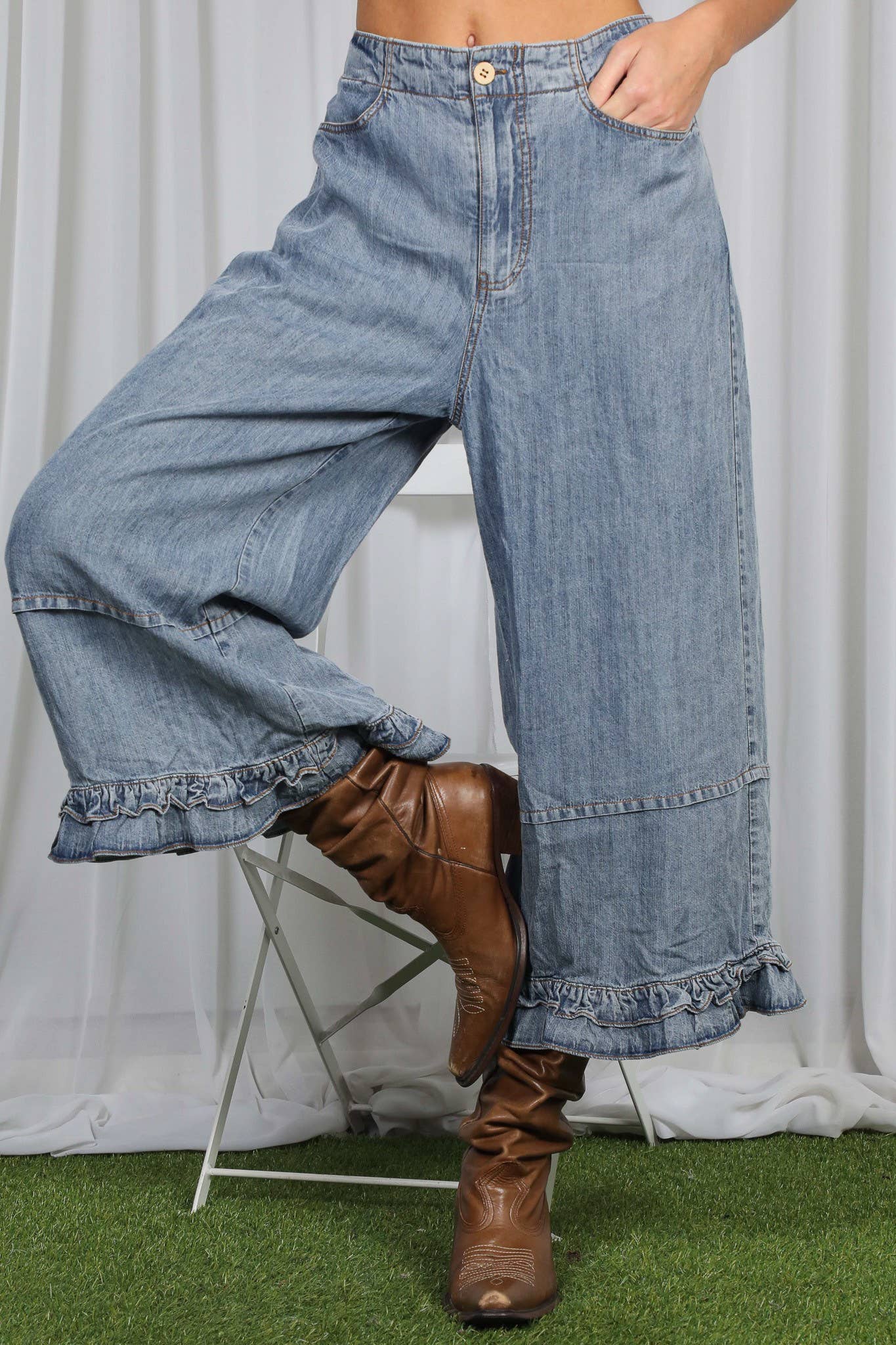 Ruffle Hem Chambray Denim Pants
