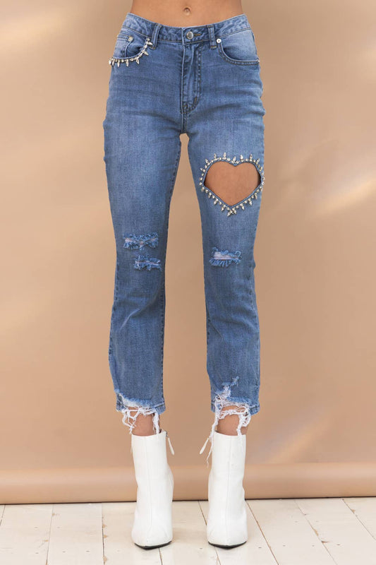 Diamond Heart Cutout Crop Denim Jeans