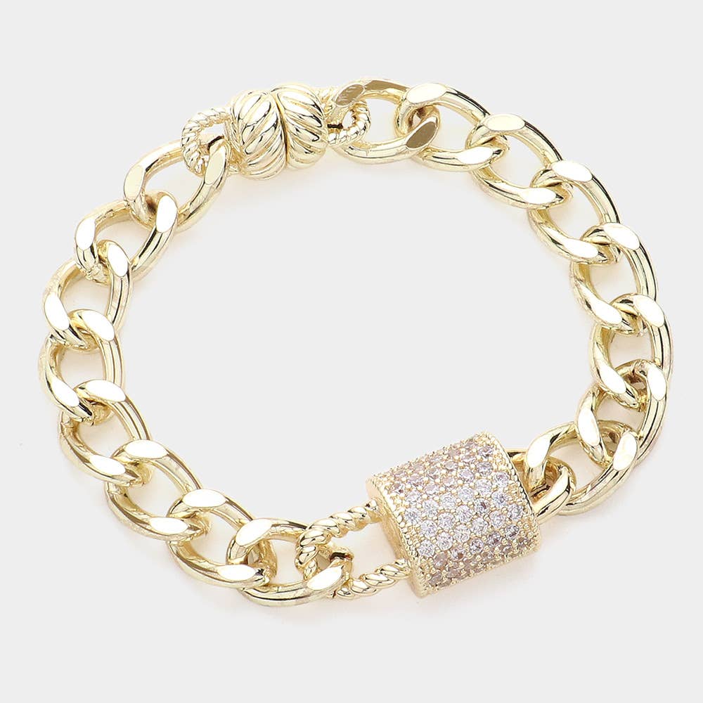 Two Tone CZ Stone Paved Lock Pointed Magnetic Bracelet