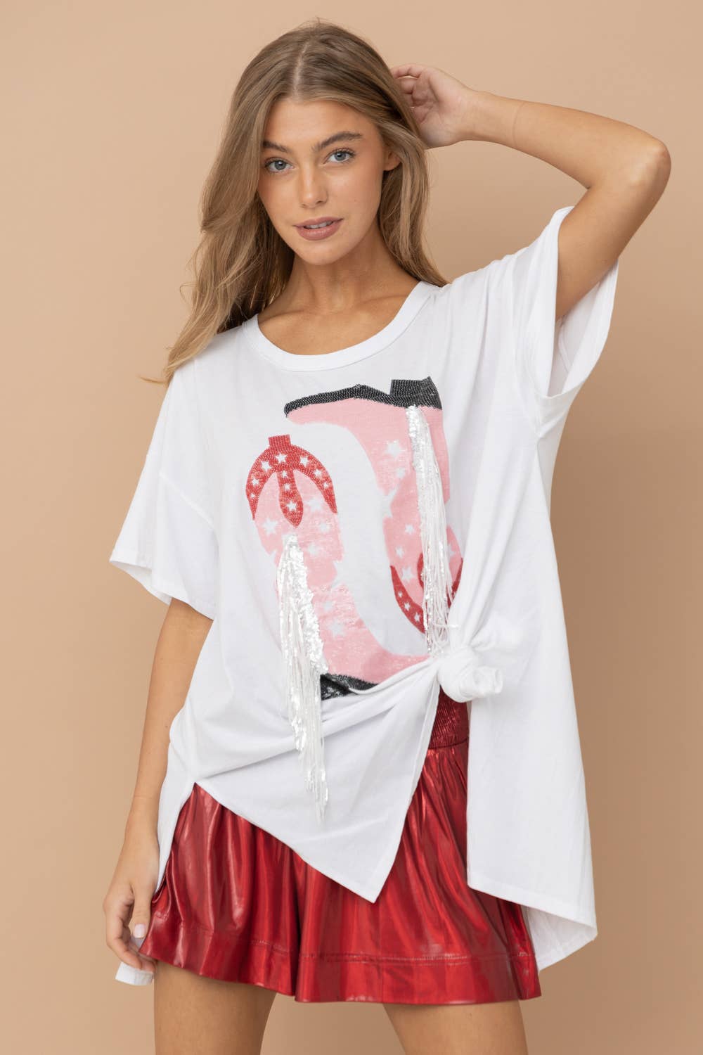 Cotton Sequin Western Boot Fringe Loose Side Tee