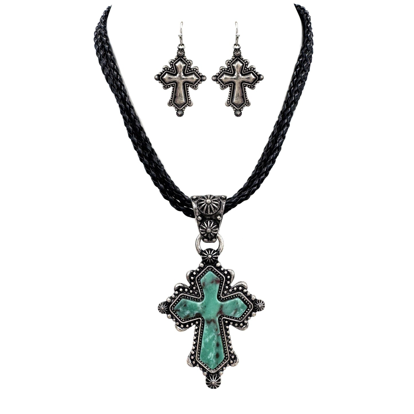 Weave Leather Necklace Set Turquoise Cross Pendant
