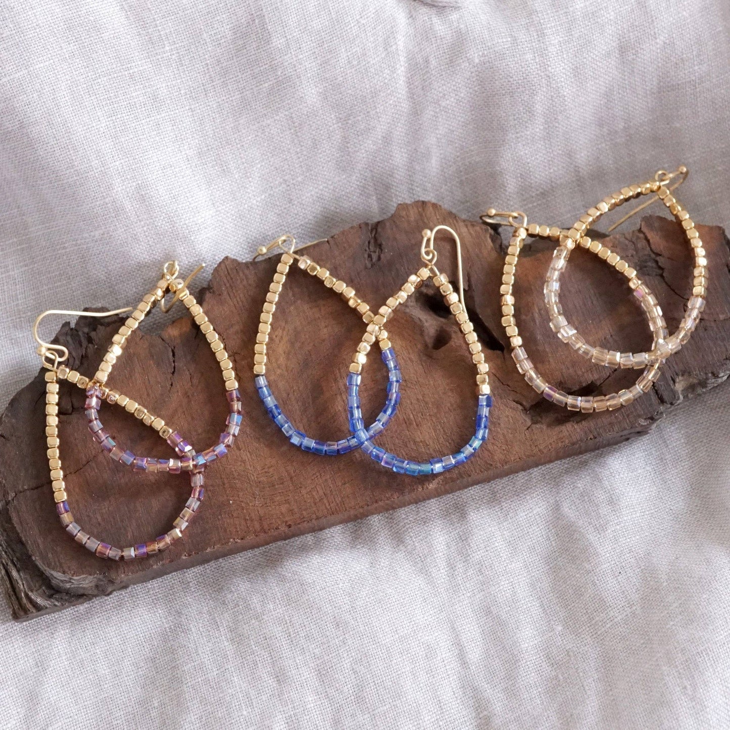 Glass & Gold Beaded Teardrop Earrings Purple