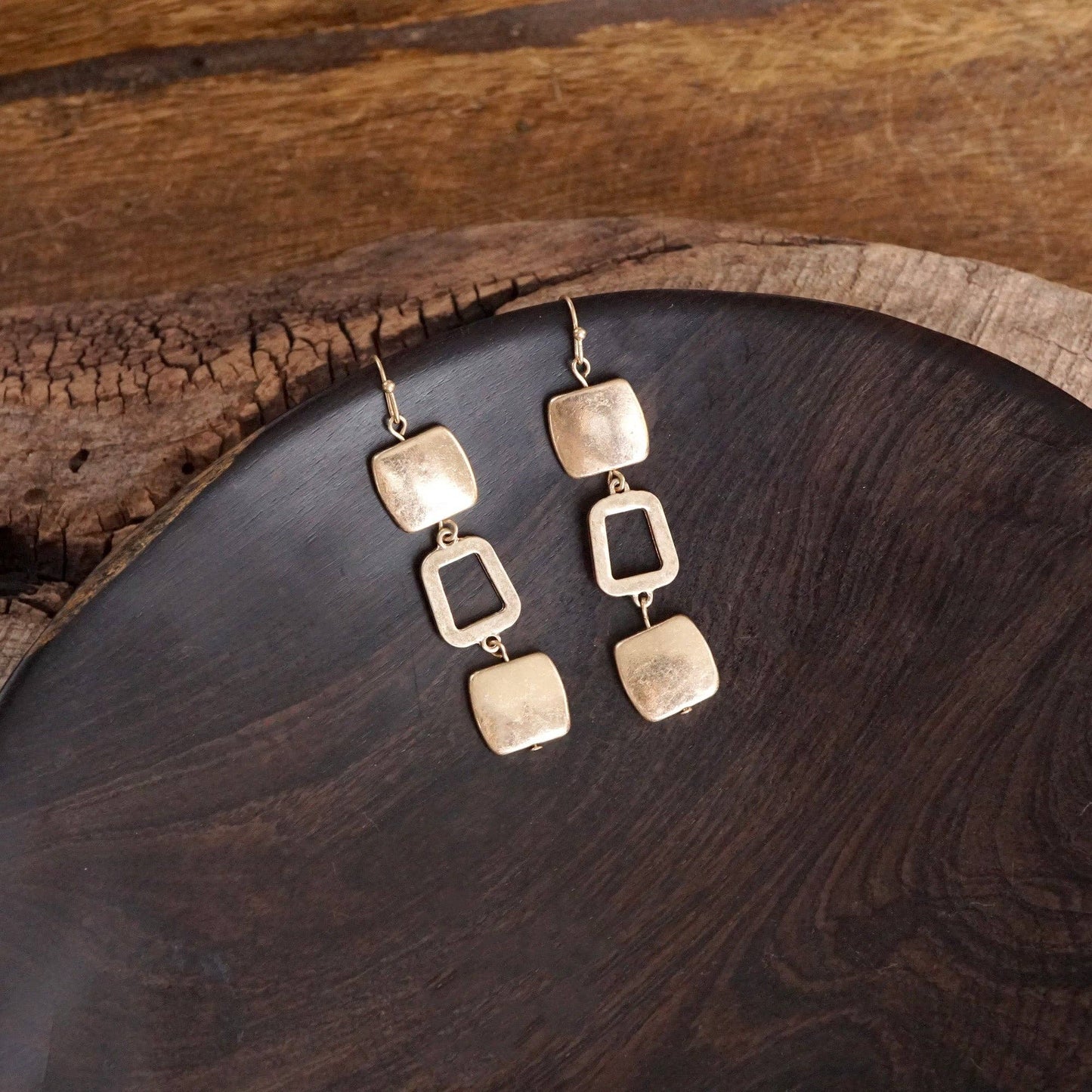Boho Square Dangle worn gold Earrings