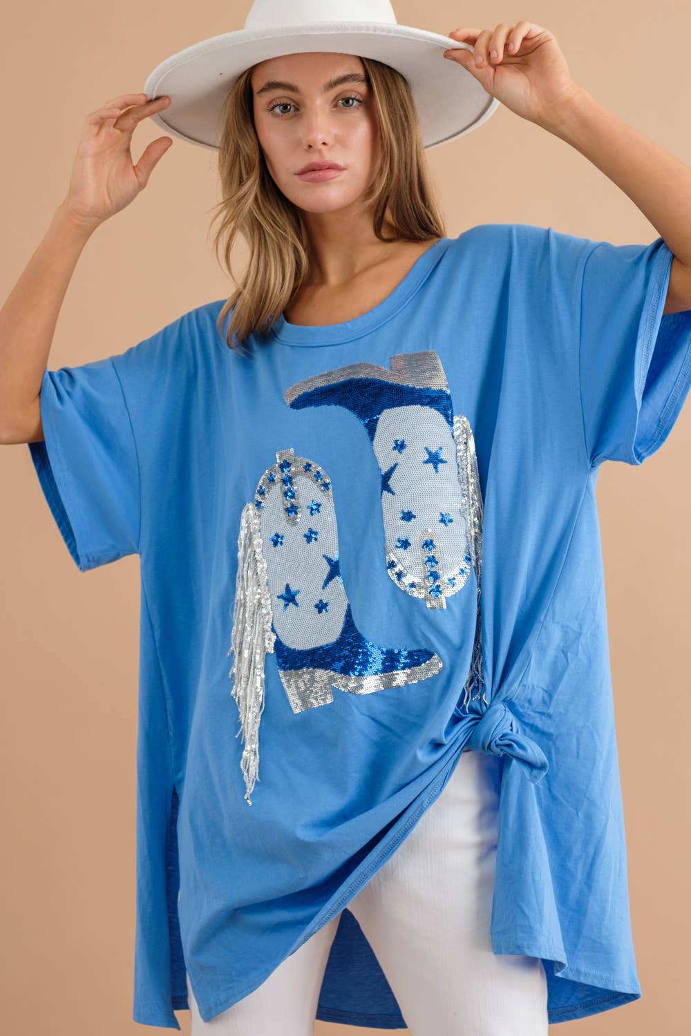 Cotton Sequin Western Boot Fringe Loose Side Tee
