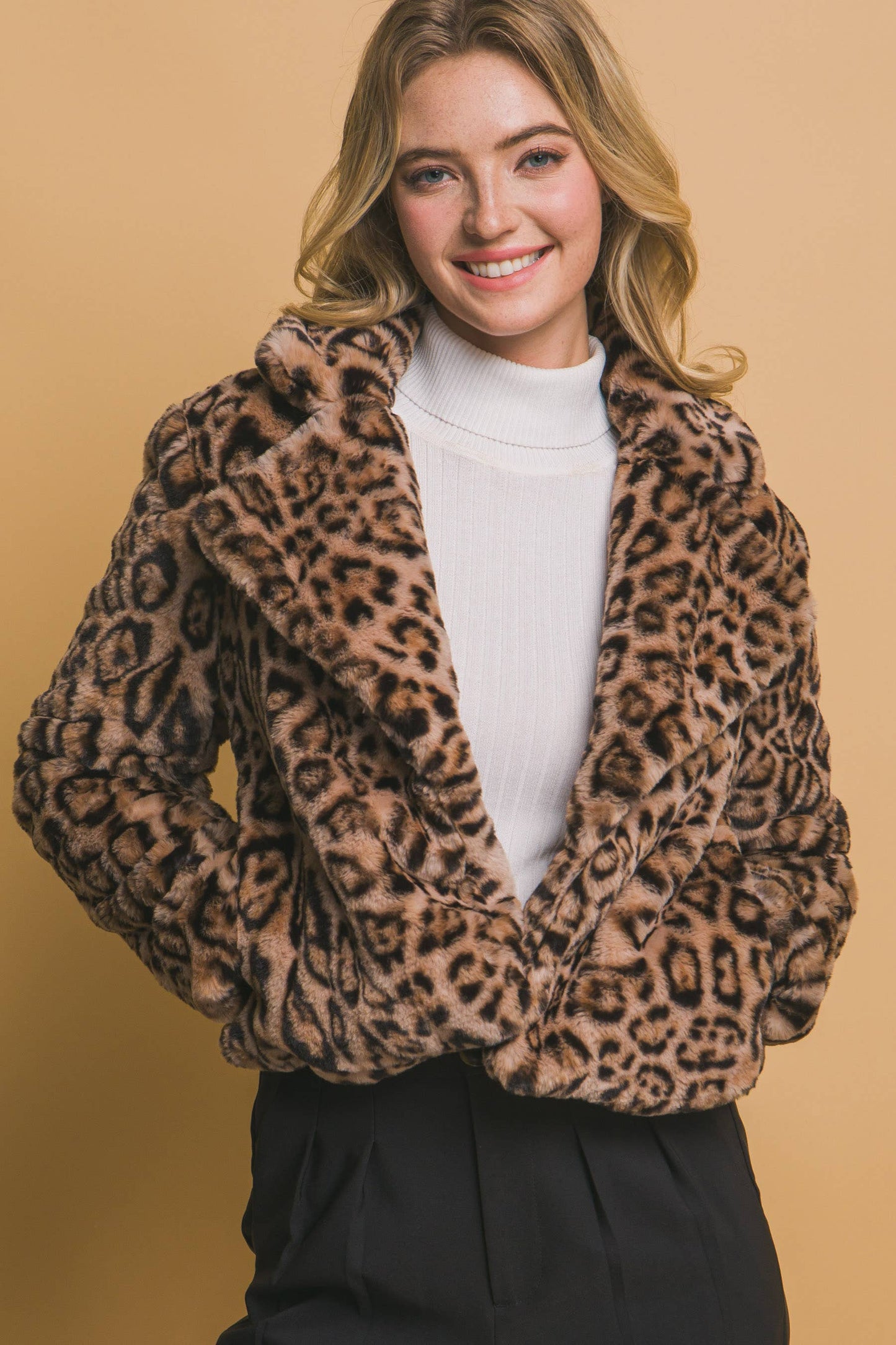 Leopard Print Faux Fur Jacket w/ Pockets