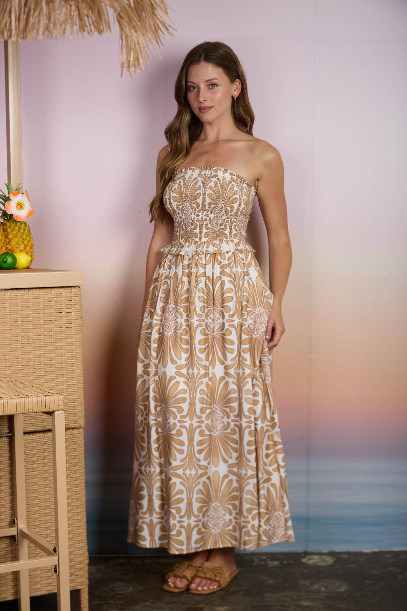 STRAPLESS SMOCKED MIDI SUNDRESS