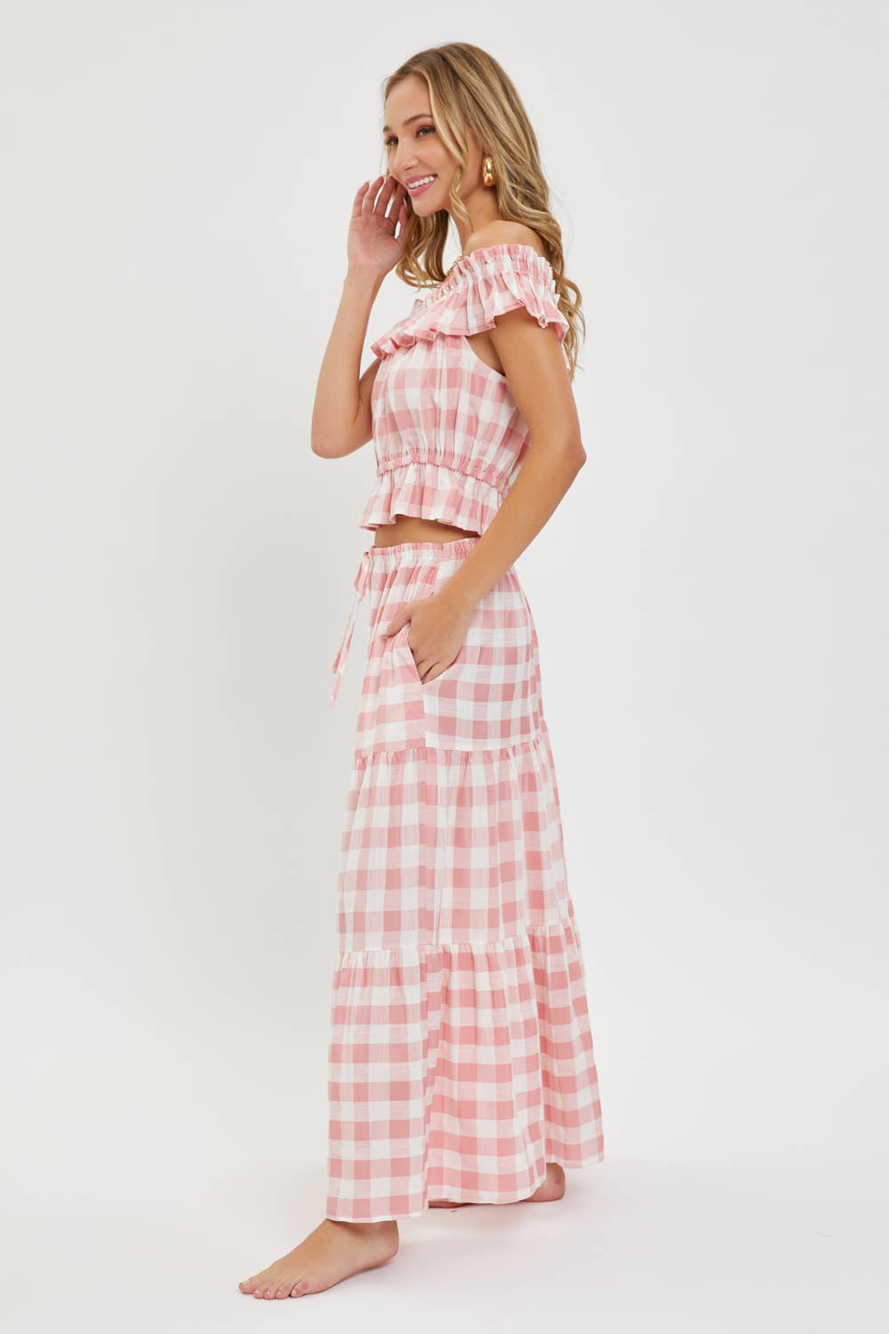 Gingham Tiered Maxi Skirt w Pockets