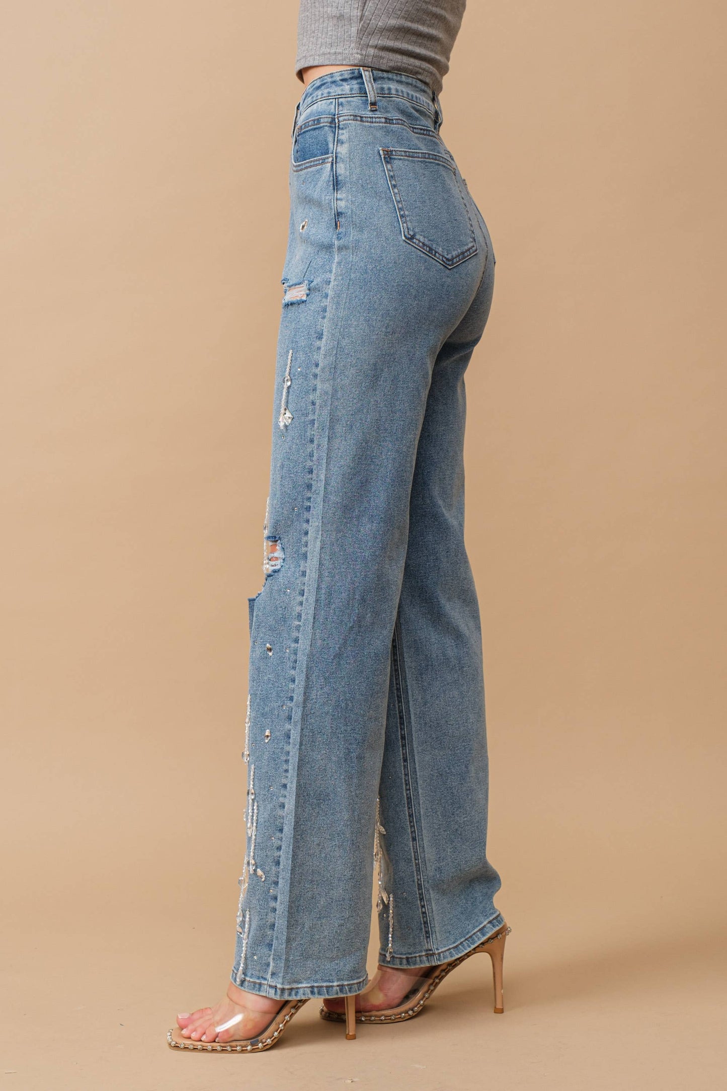 Hight Waist Clear Jewel Embellished Stretch Jeans