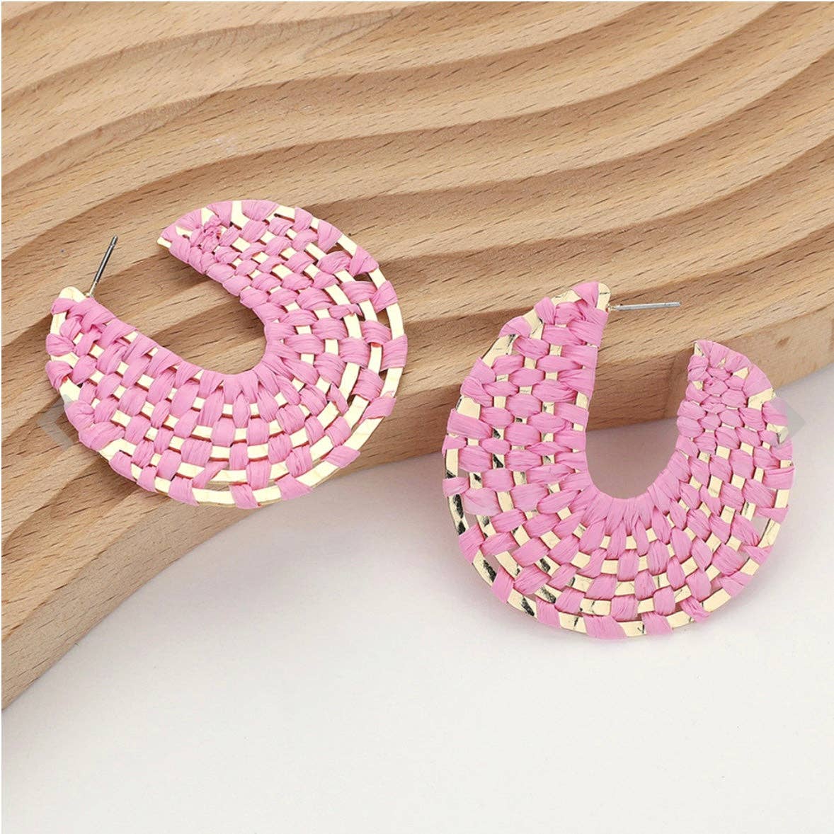 Light Pink + Gold Raffia Wrapped Hoop Earrings