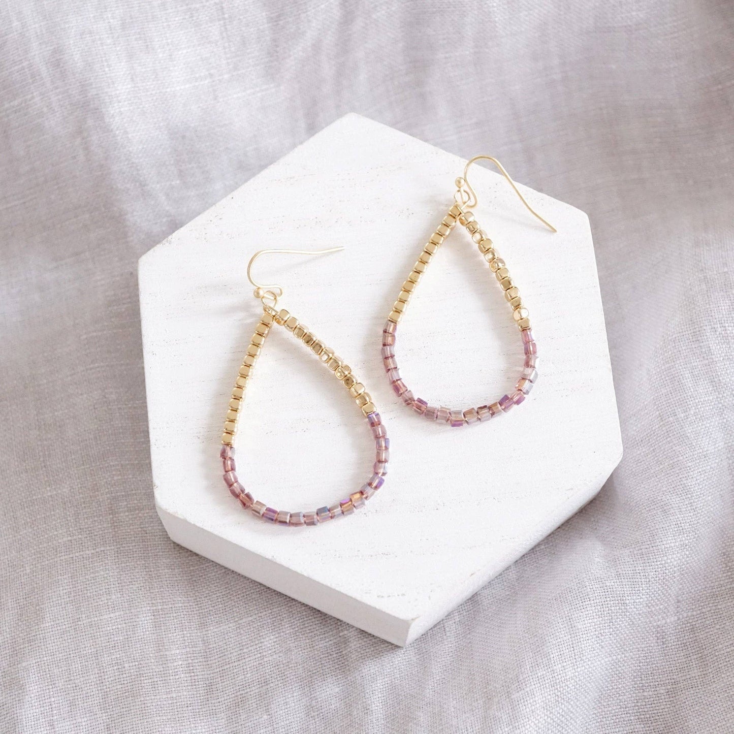 Glass & Gold Beaded Teardrop Earrings Purple