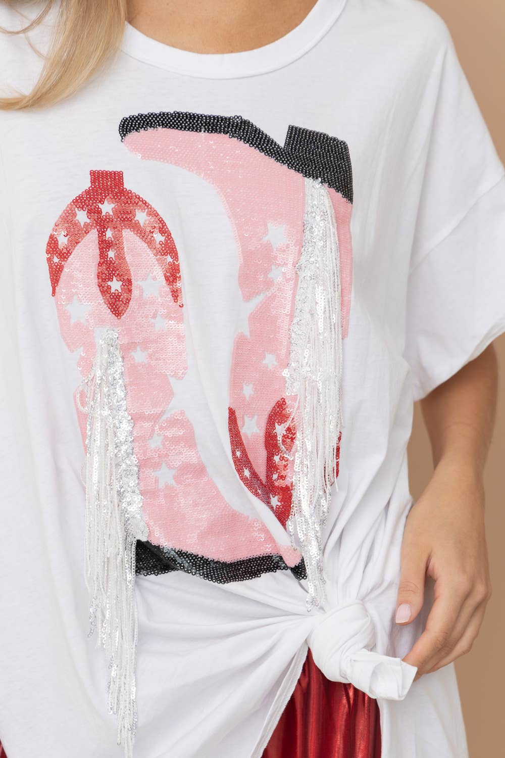 Cotton Sequin Western Boot Fringe Loose Side Tee