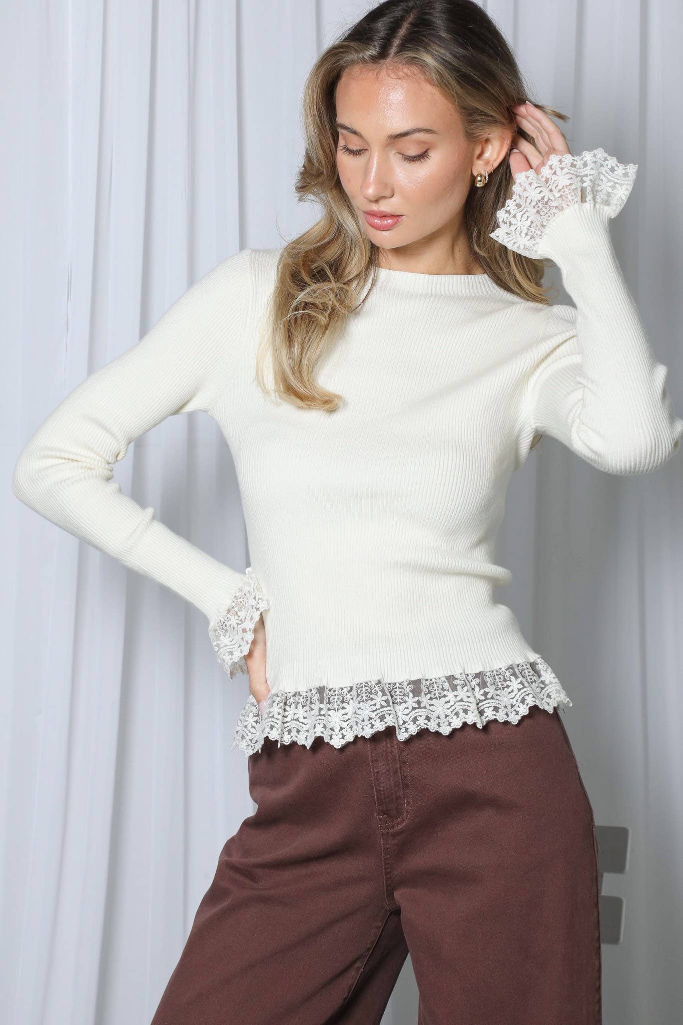 Cream Lace Trim Knitted Sweater