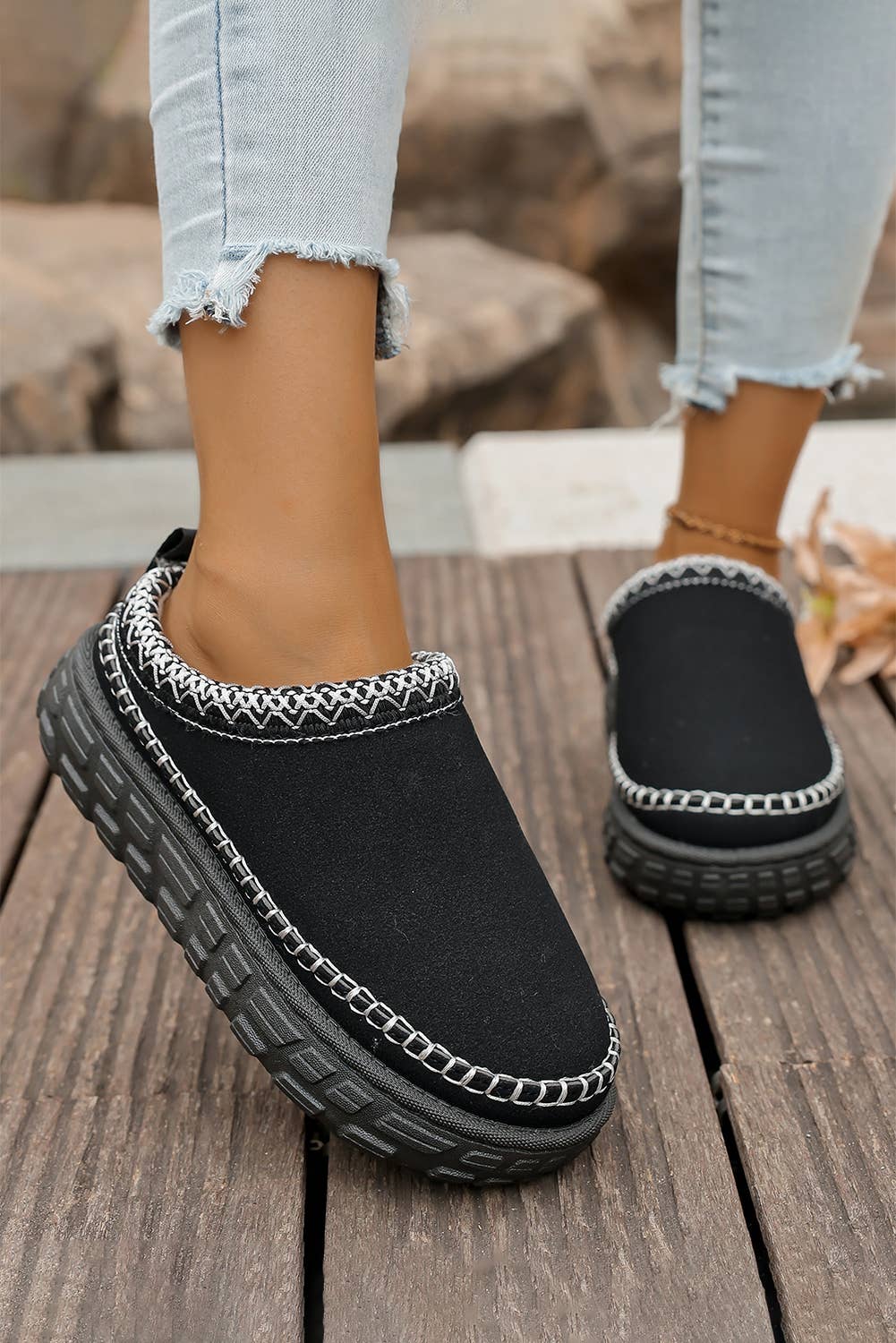 Stitch Detail Suede PU Plush Slippers | US7-10