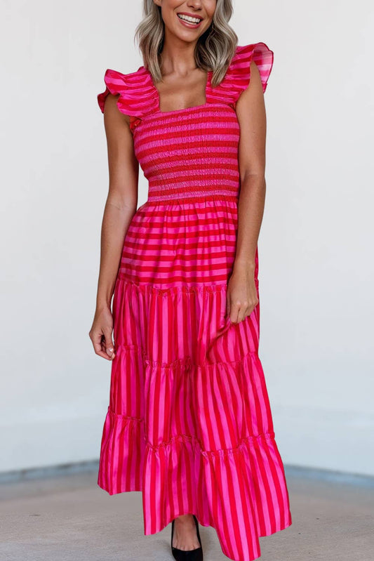 Pink Stripe Tiered Maxi Dress
