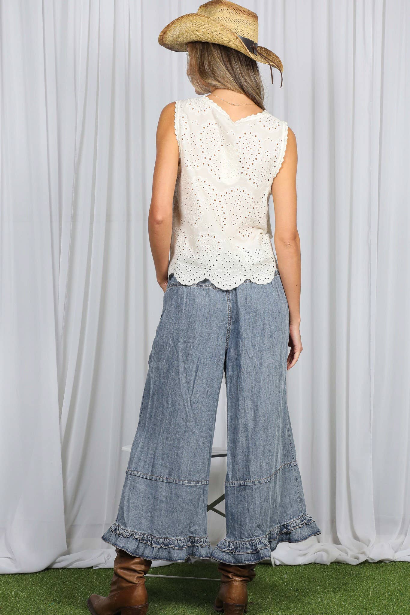 Ruffle Hem Chambray Denim Pants