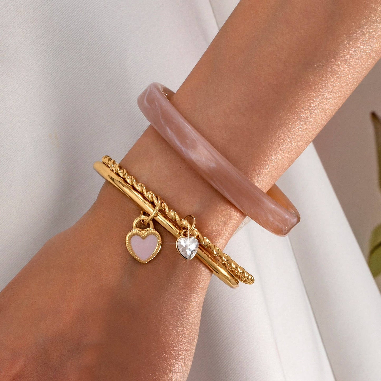 Gold Heart Charm Multi Bangle Set