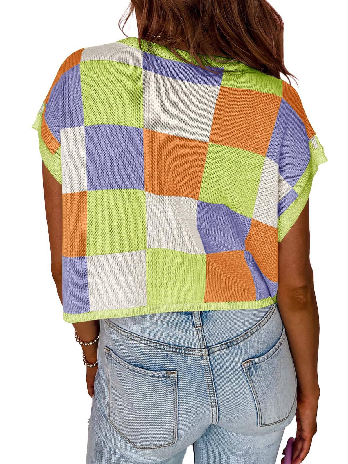 Women’s Colorblock Checkerboard Knit Crop Sweater Tee