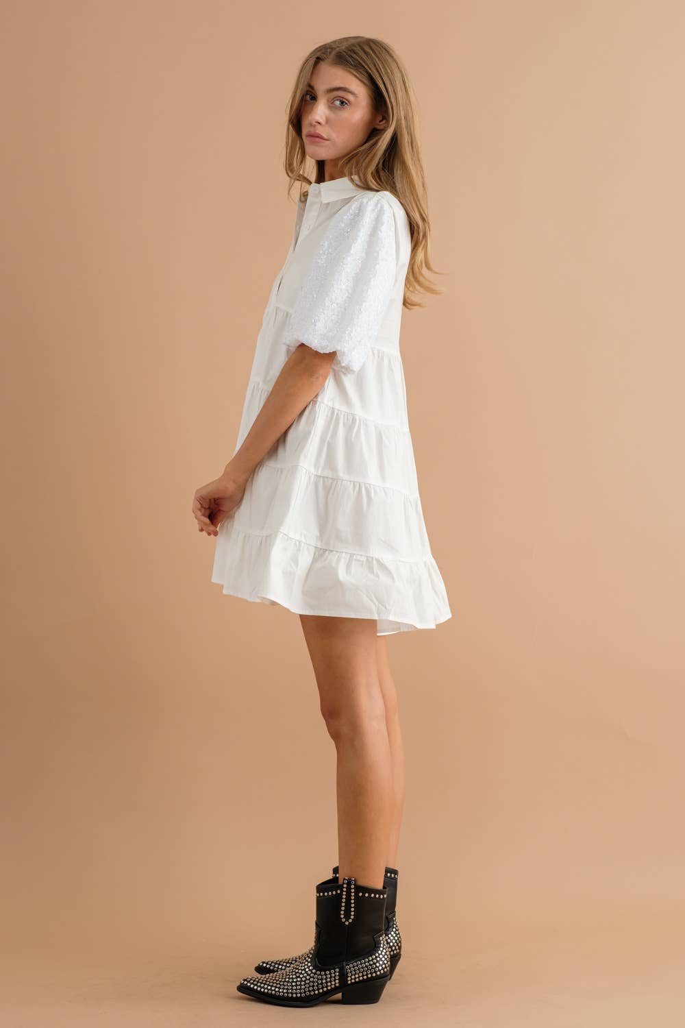 Sequin Puff Tiered Button Up Dress