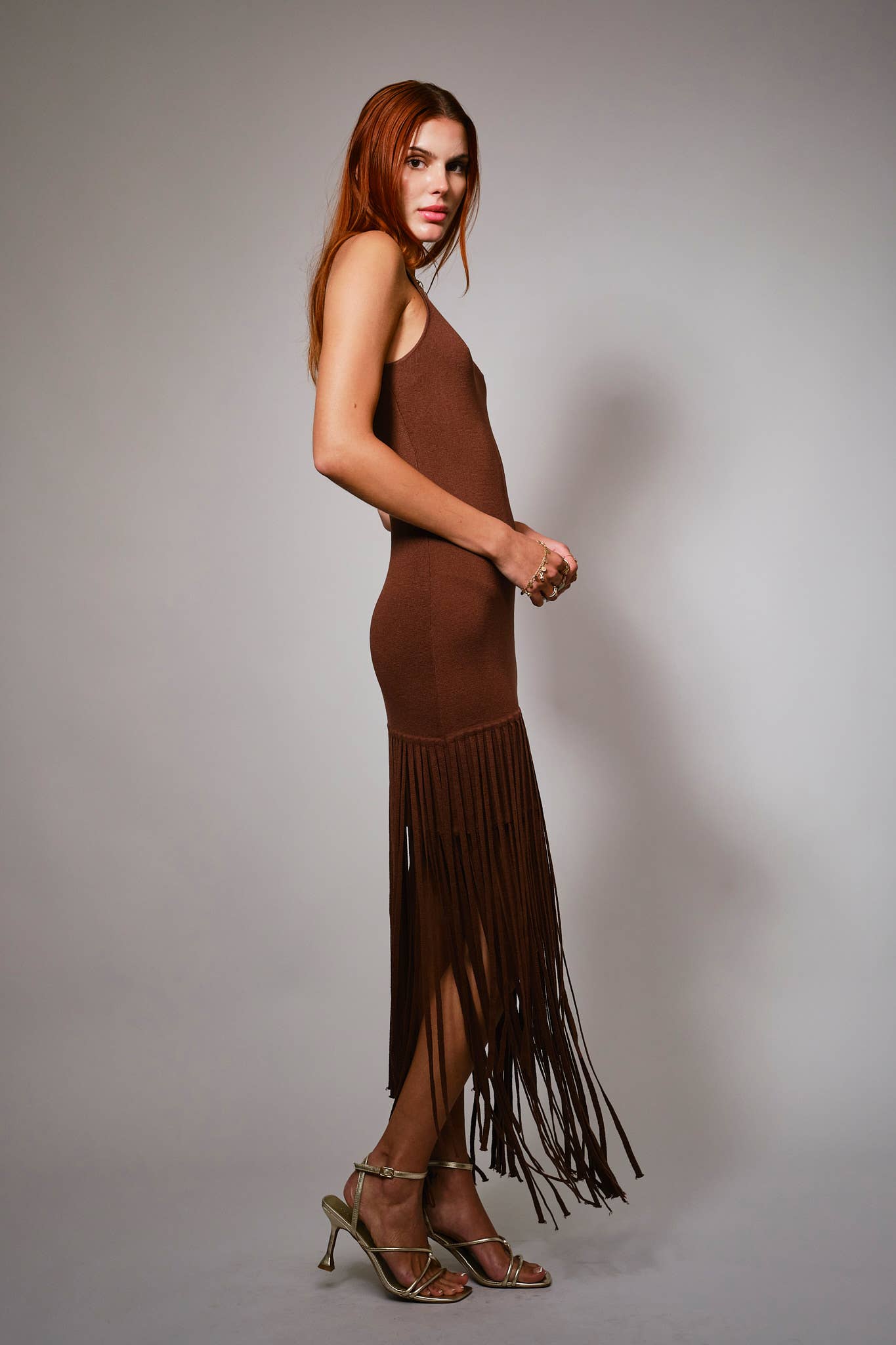 Chocolate Fringe Hem Knit Maxi Dress