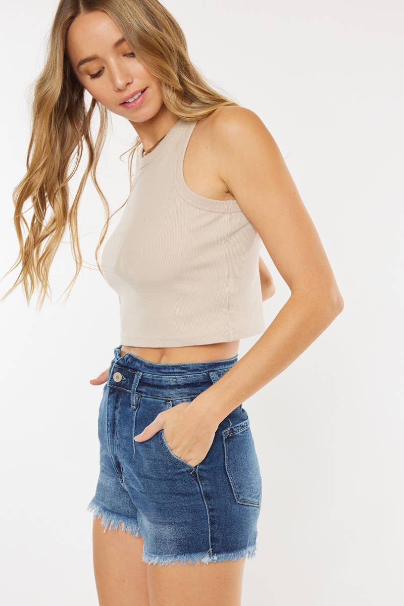 HIGH RISE FRAYED HEM ZIP FLY DENIM SHORTS