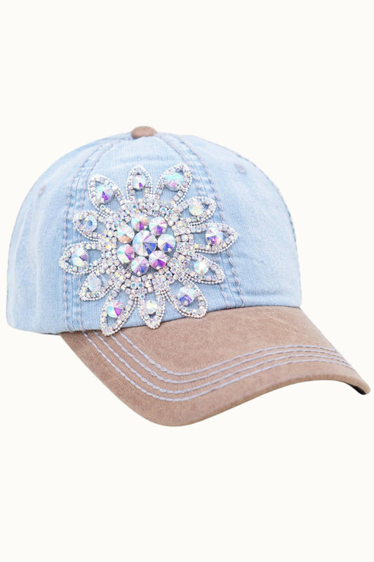 Denim Sunflower Bejeweled Cap, Adjustable