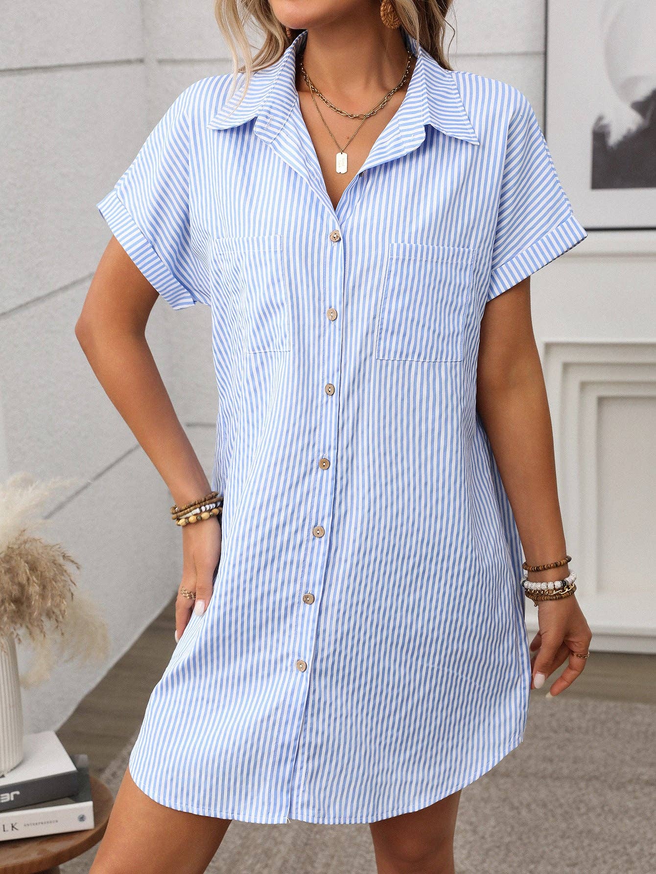 Striped Button Down Shirt Dress Casual Summer Midi
