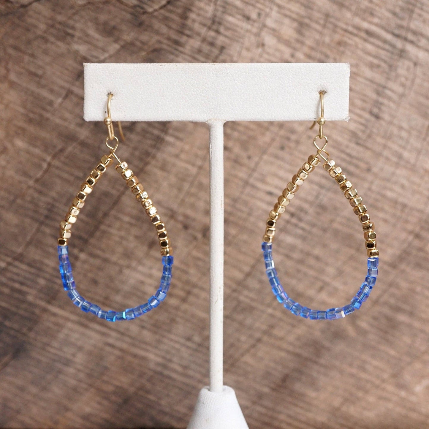 Glass & Gold Beaded Teardrop Earrings Purple