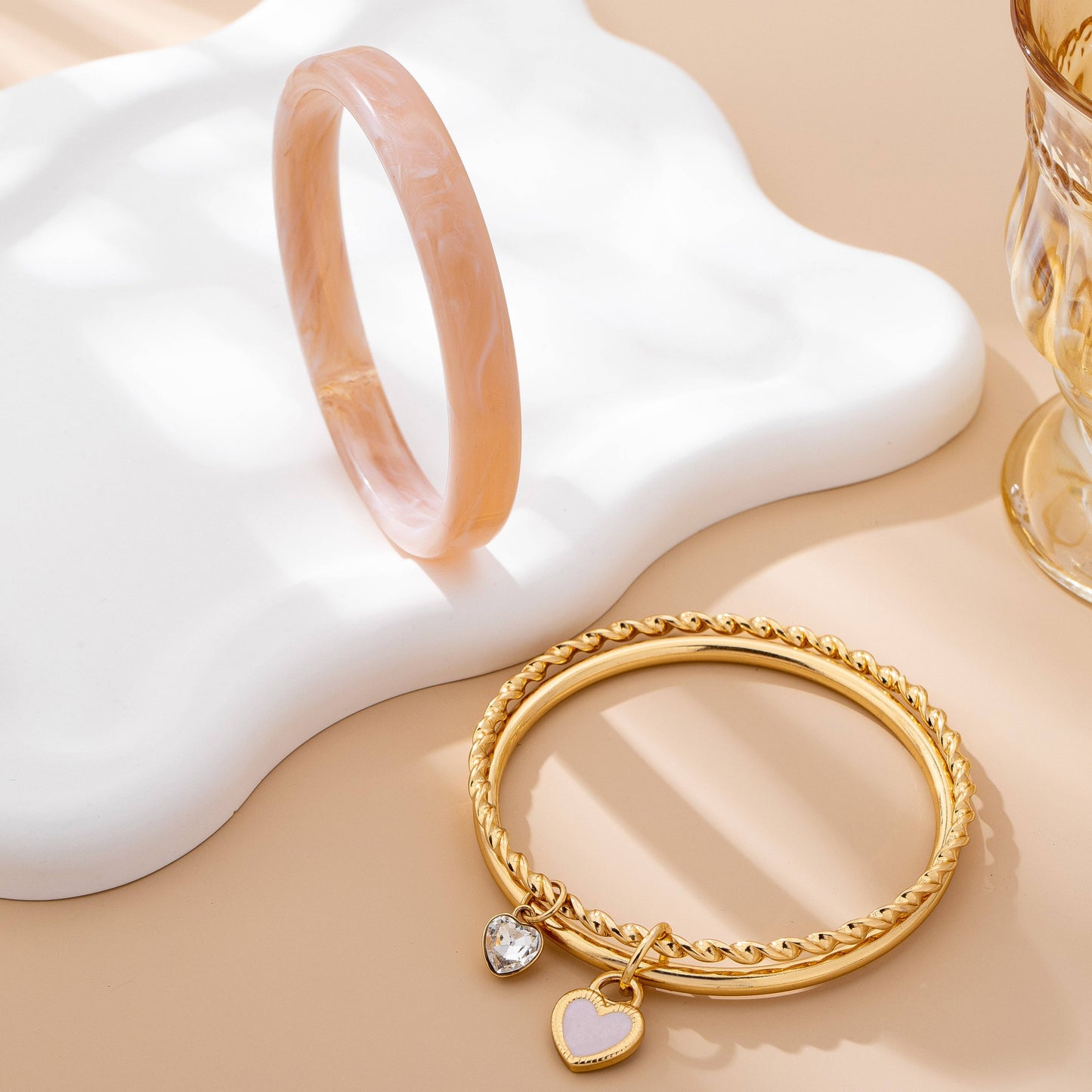Gold Heart Charm Multi Bangle Set