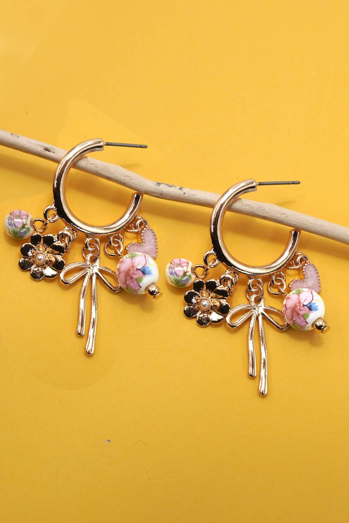 CERAMIC PORCELAIN BOW FLOWER CHARM DROP HOOP