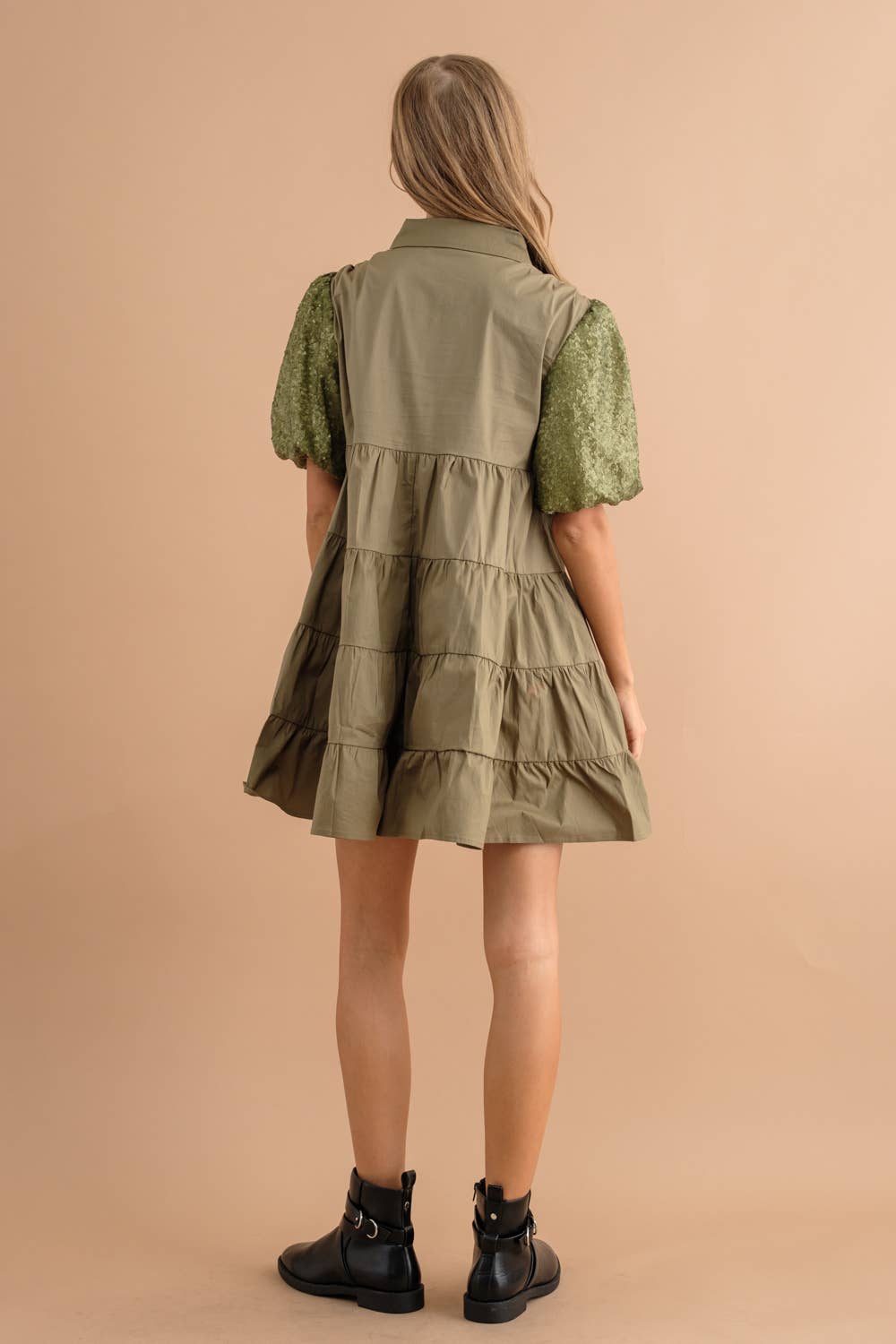 Sequin Puff Tiered Button Up Dress