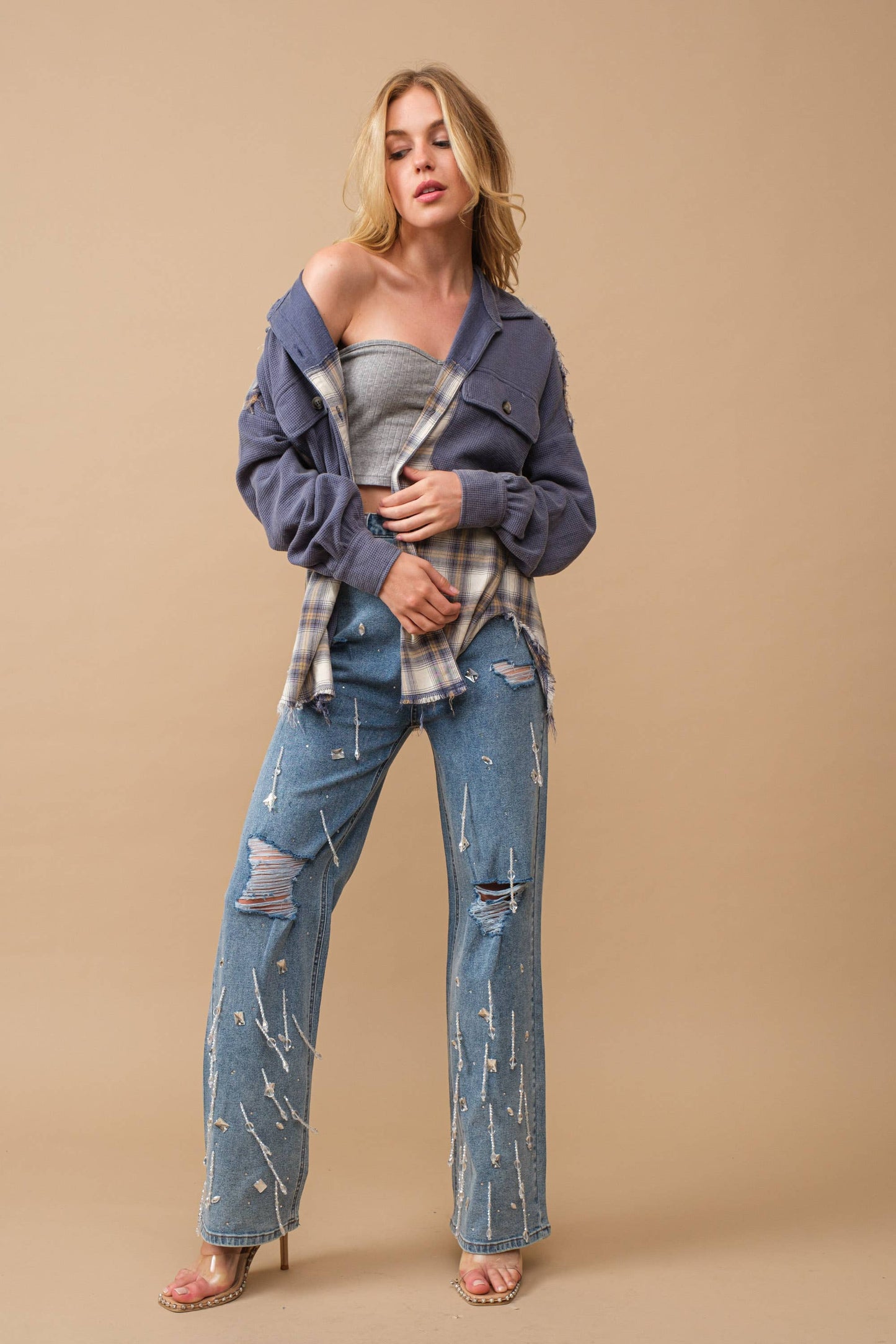 Hight Waist Clear Jewel Embellished Stretch Jeans