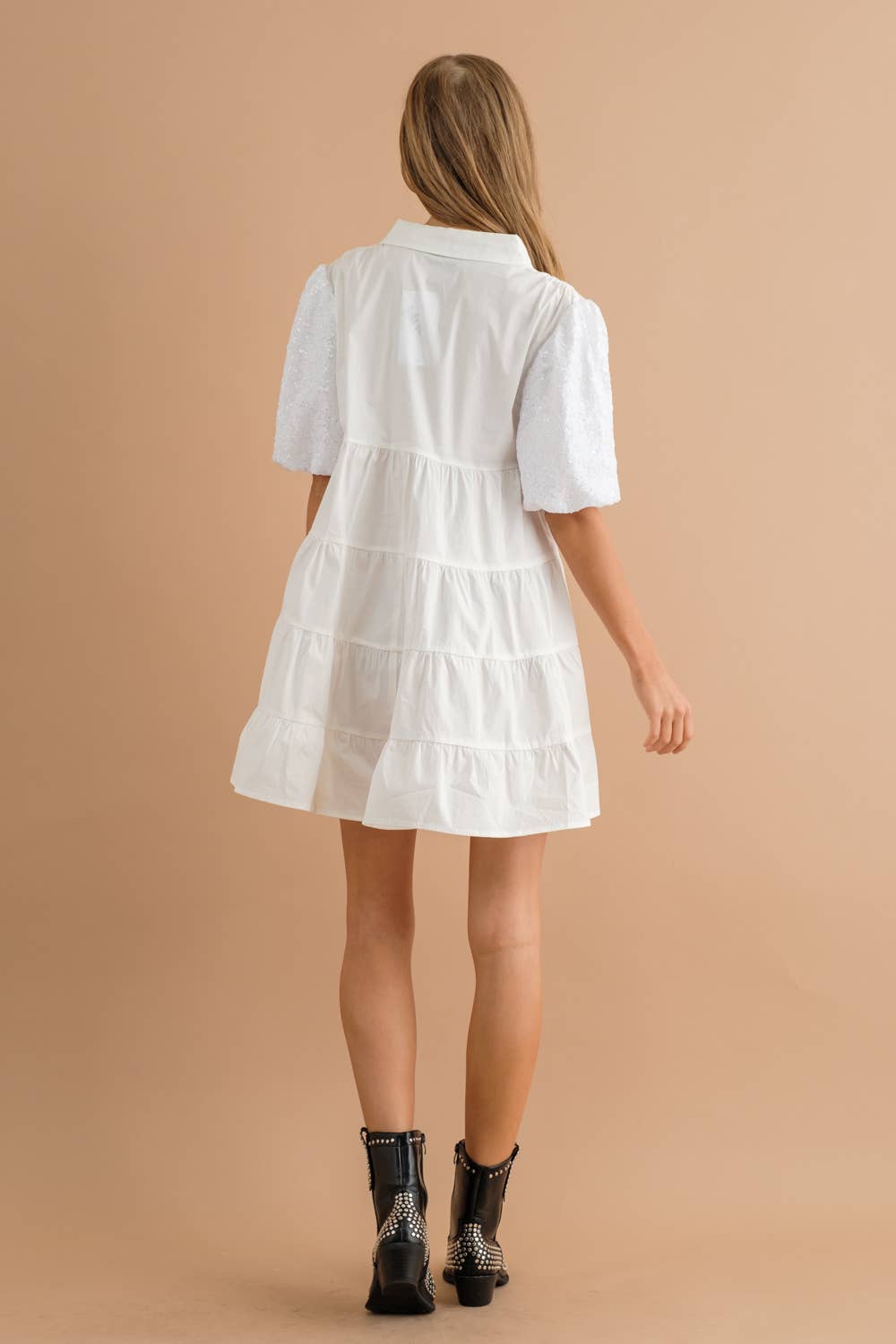 Sequin Puff Tiered Button Up Dress