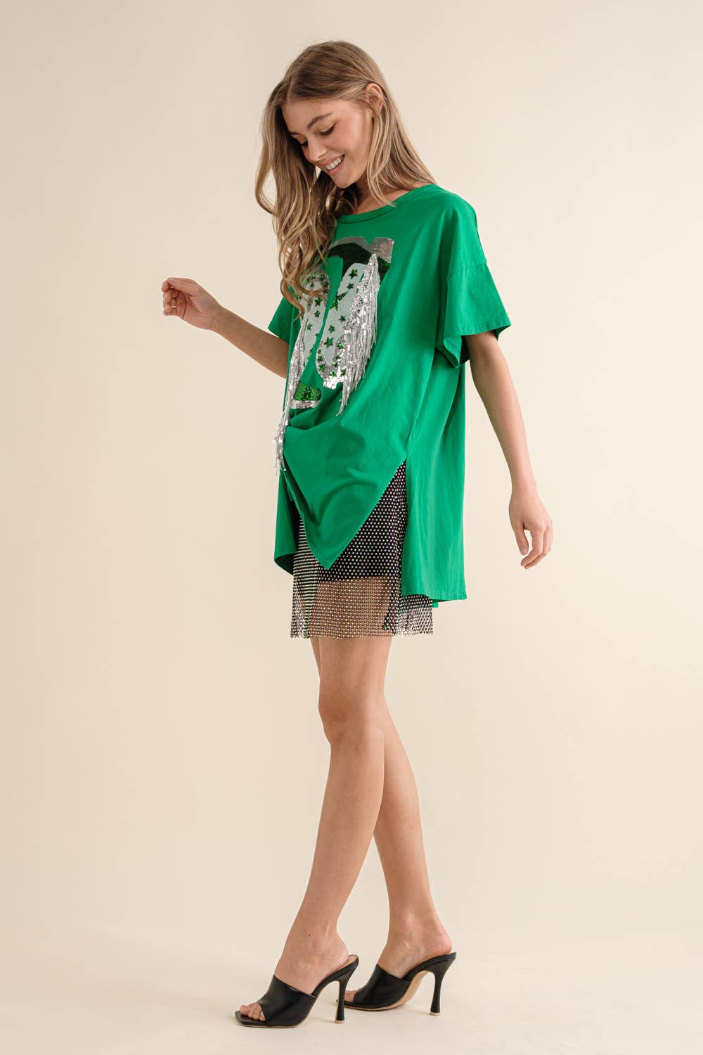 Cotton Sequin Western Boot Fringe Loose Side Tee