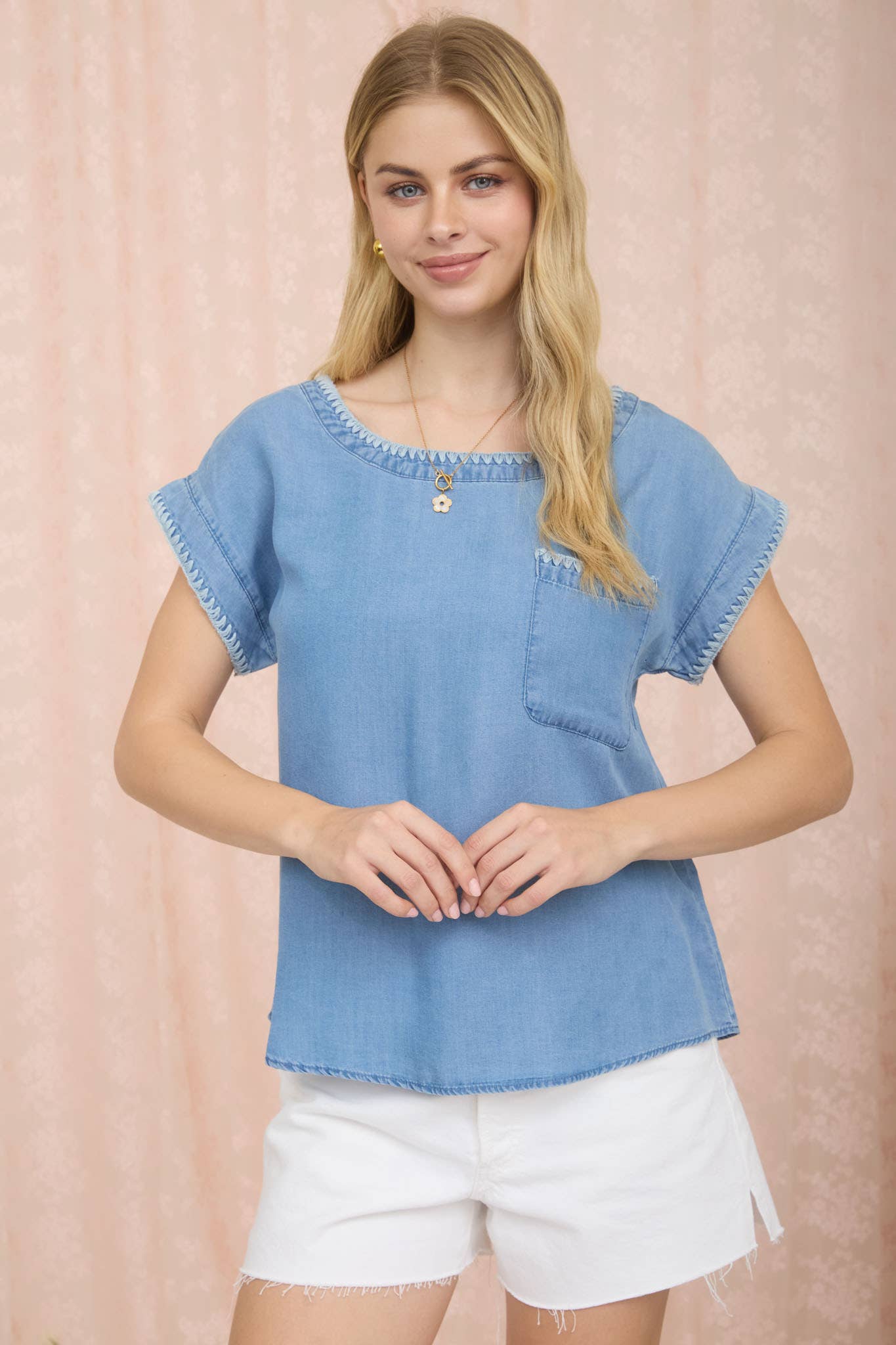Edge Stitched Denim Top