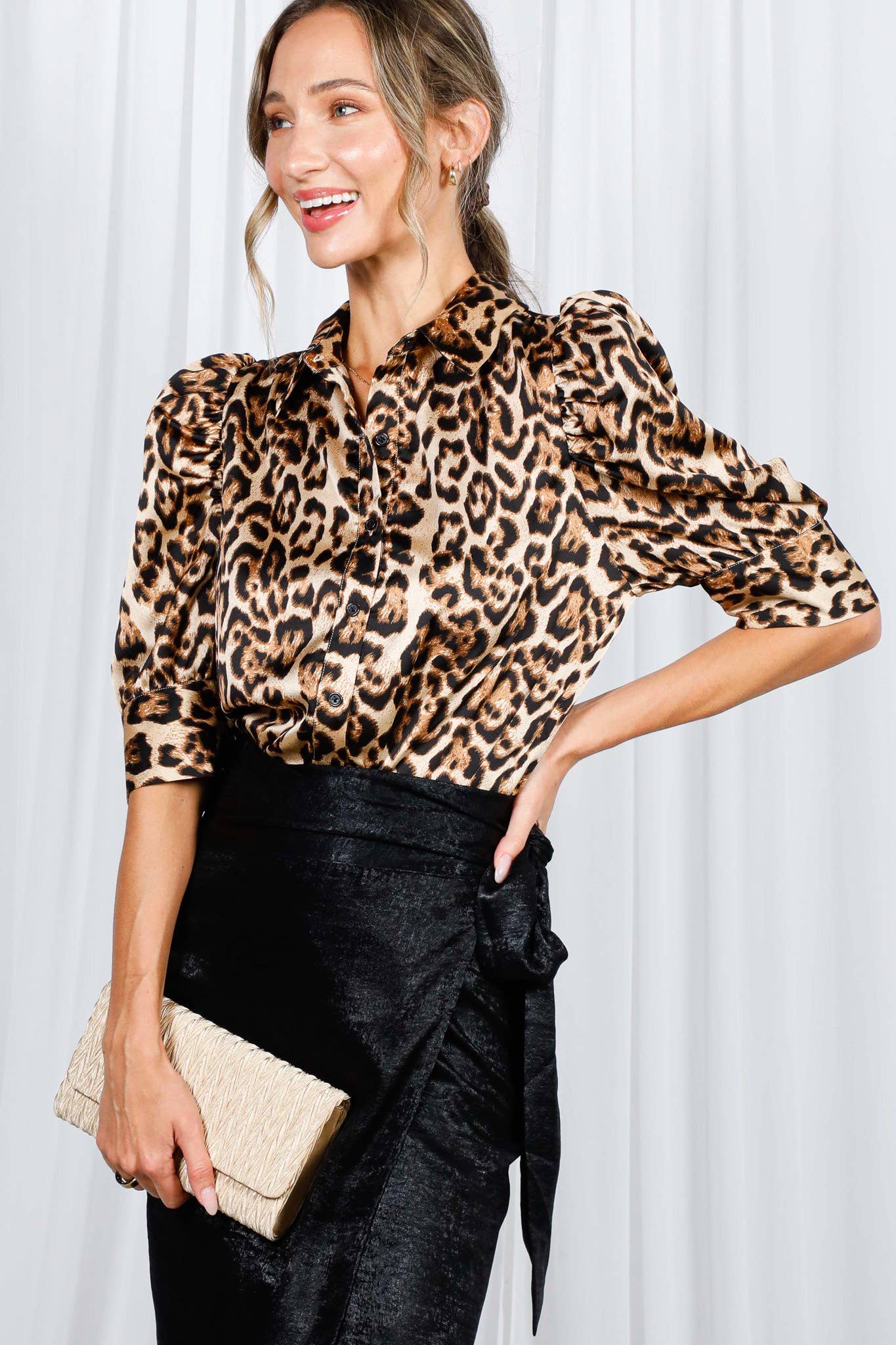 Leopard Collared Puff Sleeve Satin Blouse