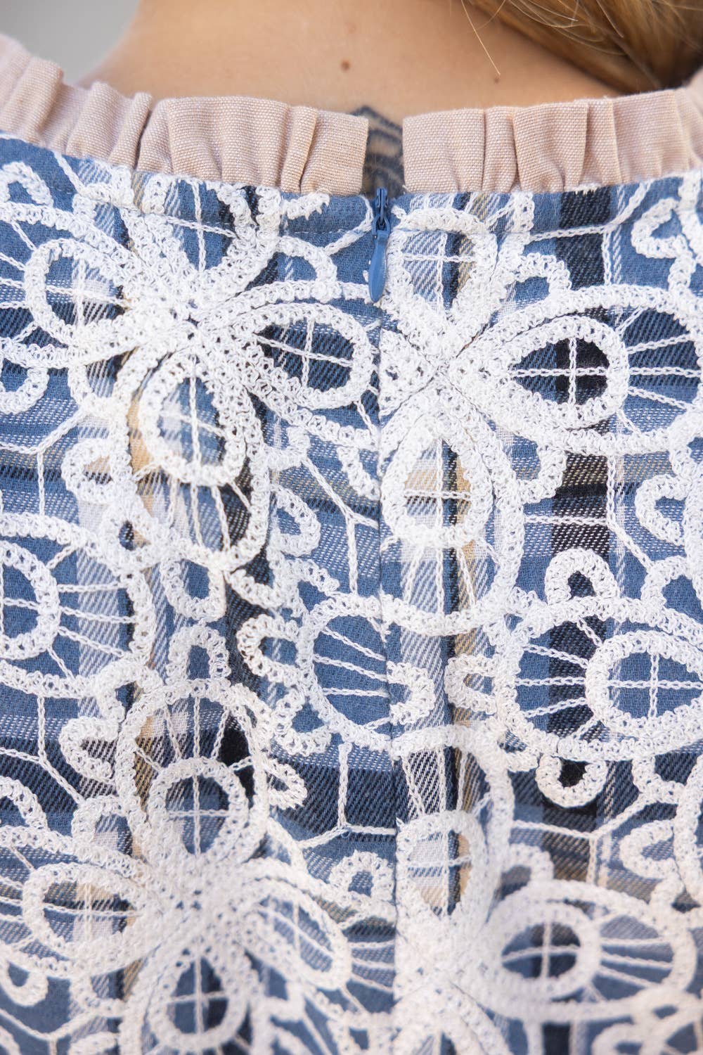 Ruffle Detail Plaid with Floral Embroidery Dress