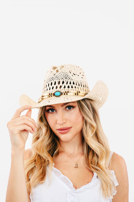 Straw Braided Beaded Strap Cowboy Hat