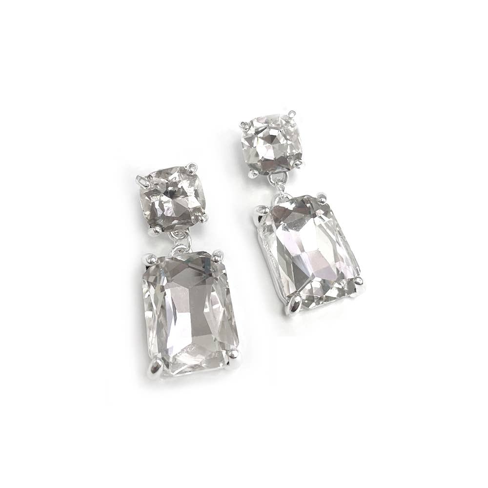 Double Square Linked Crystal Glass Dangle Earrings