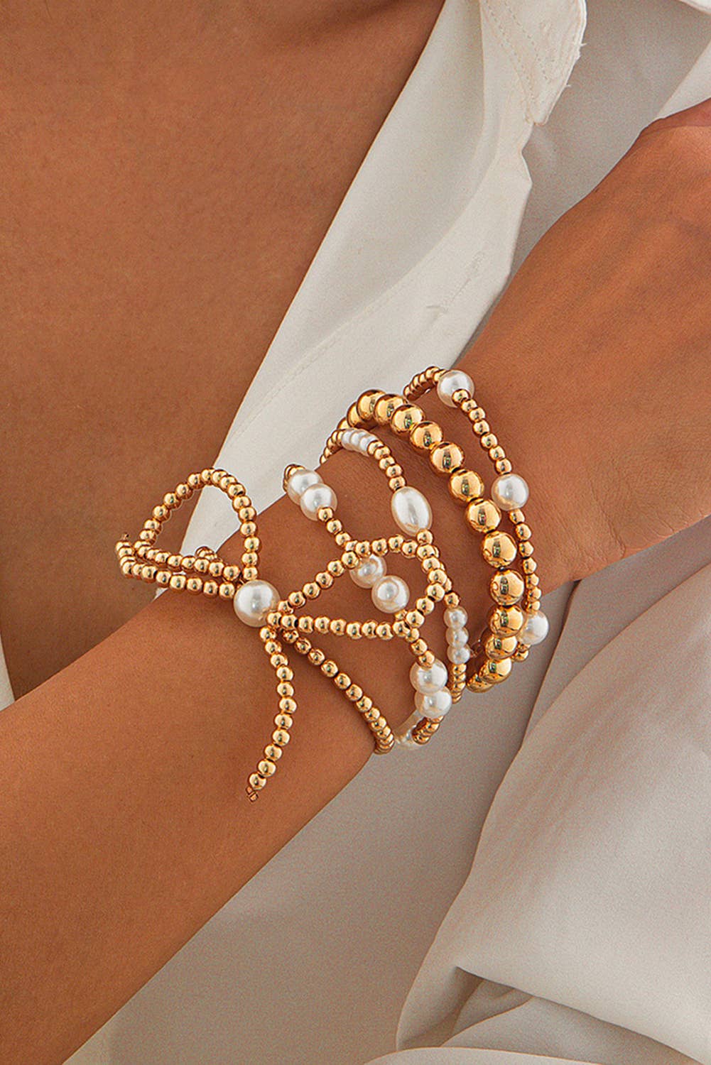 Bow Knot Pearl gold Beaded  Layered Bracelet