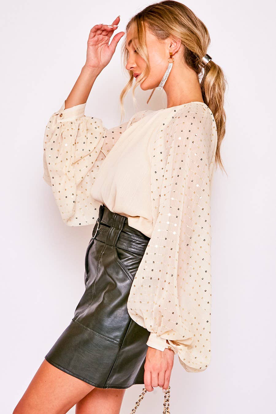Sequin Long Balloon Sleeve Blouse