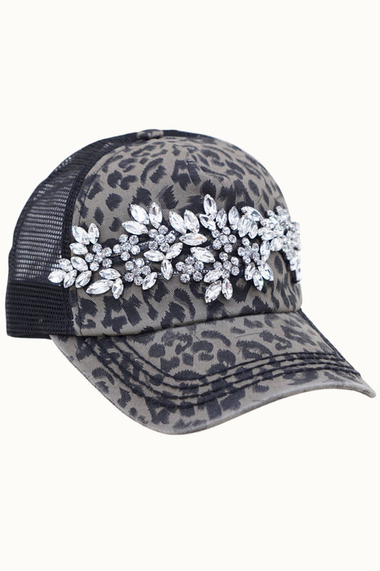 Leopard Bejeweled Trucker Cap, Adj