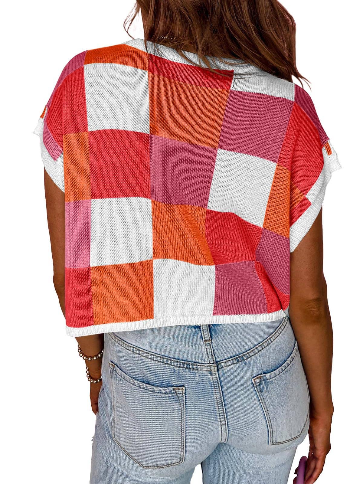 Women’s Colorblock Checkerboard Knit Crop Sweater Tee