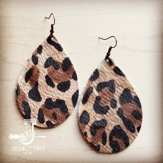 **Leather Teardrop Earrings in Leopard Print Hair on Hide