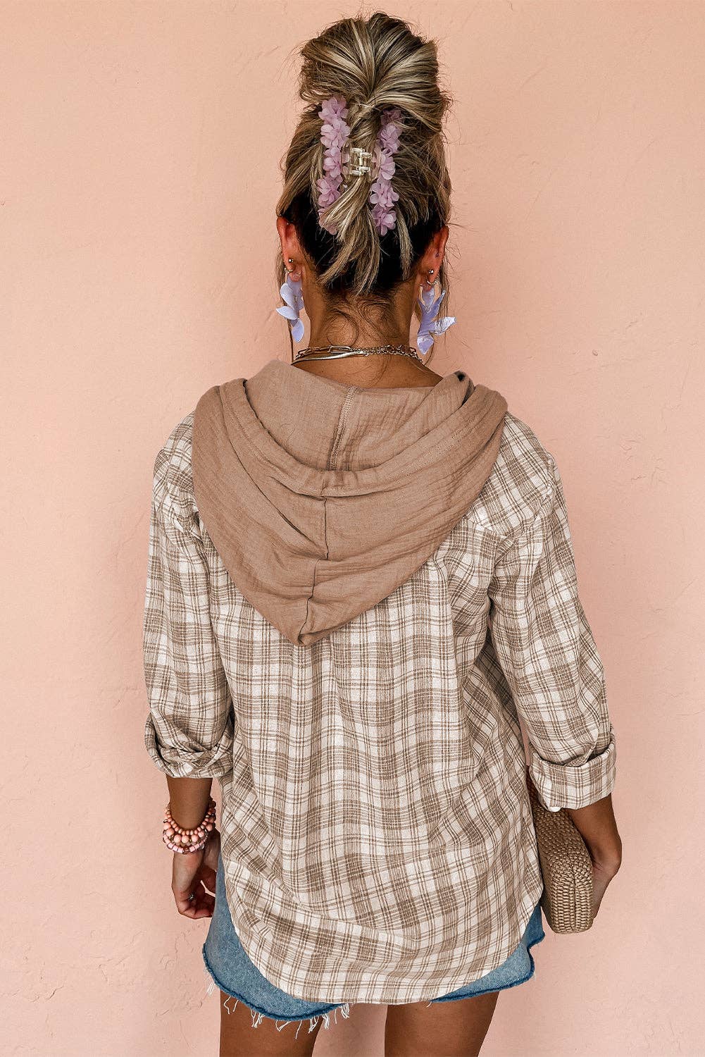 Khaki Checkered Hooded Shacket